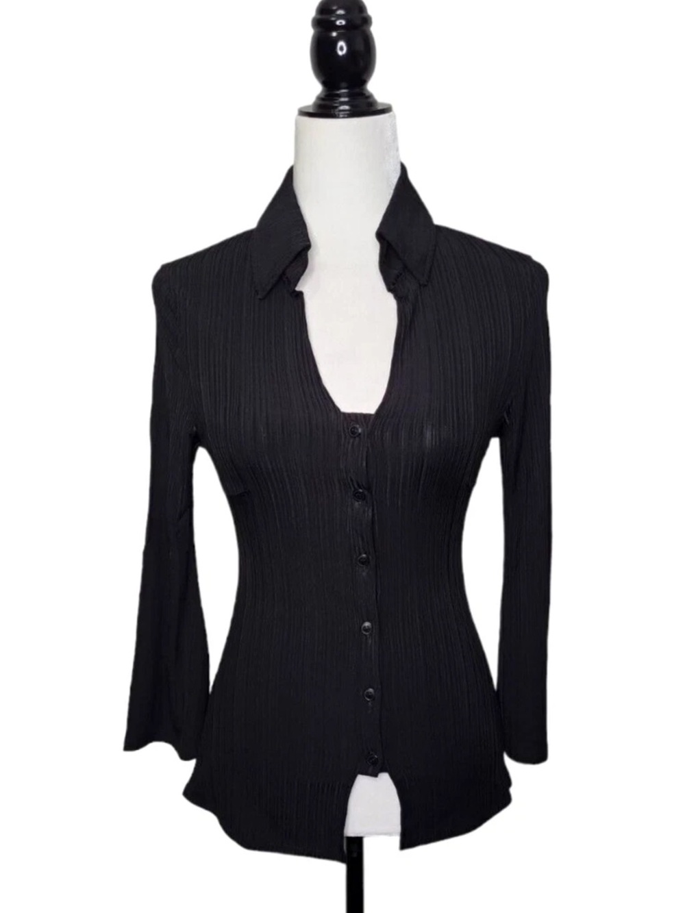 Uncle Studios Black Ribbed Button-Front Women’s Top